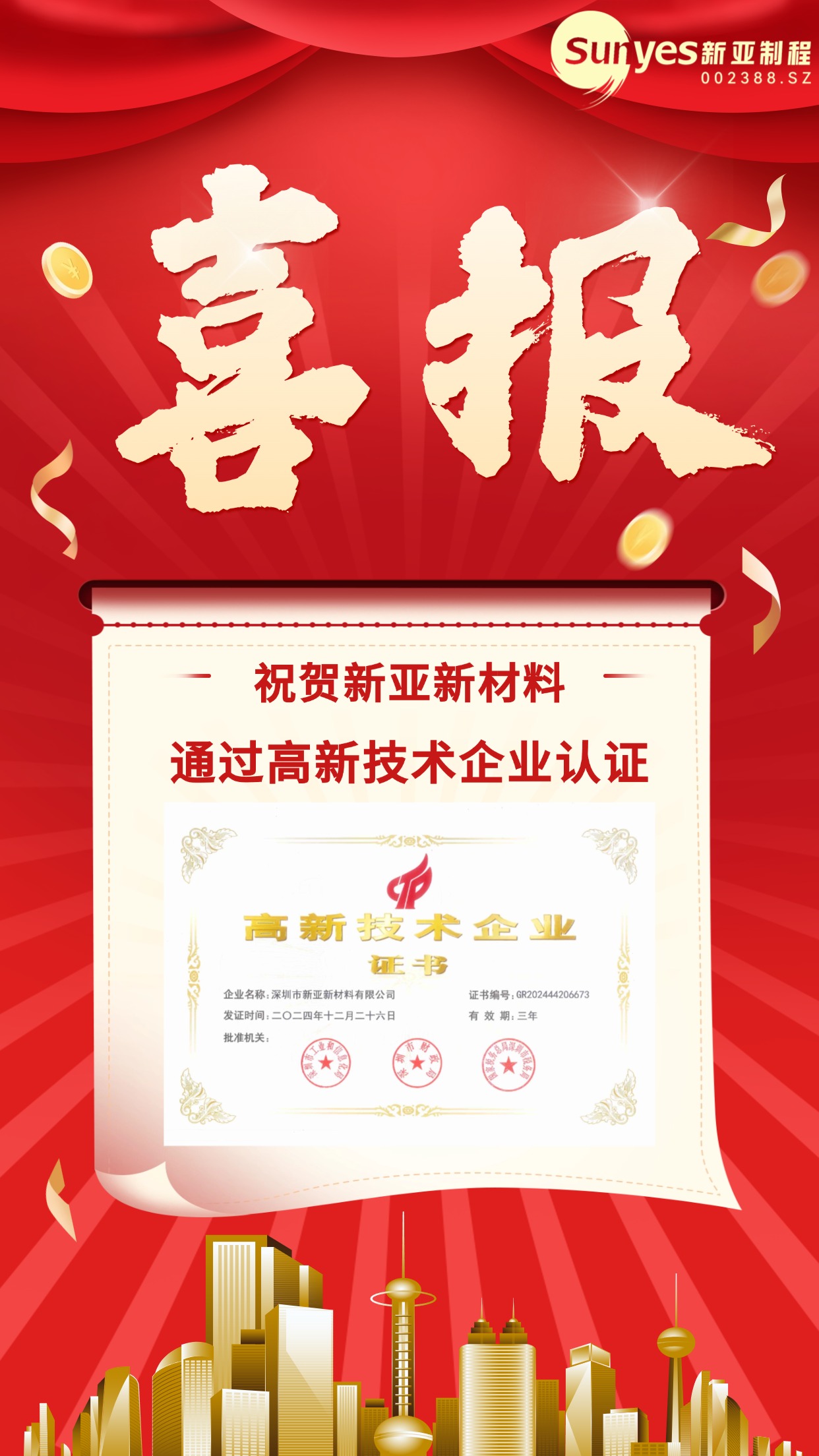 新亞新材料再次榮獲國家級高新技術企業認證